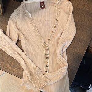 Beige Ribbed Button-Up Cardigan